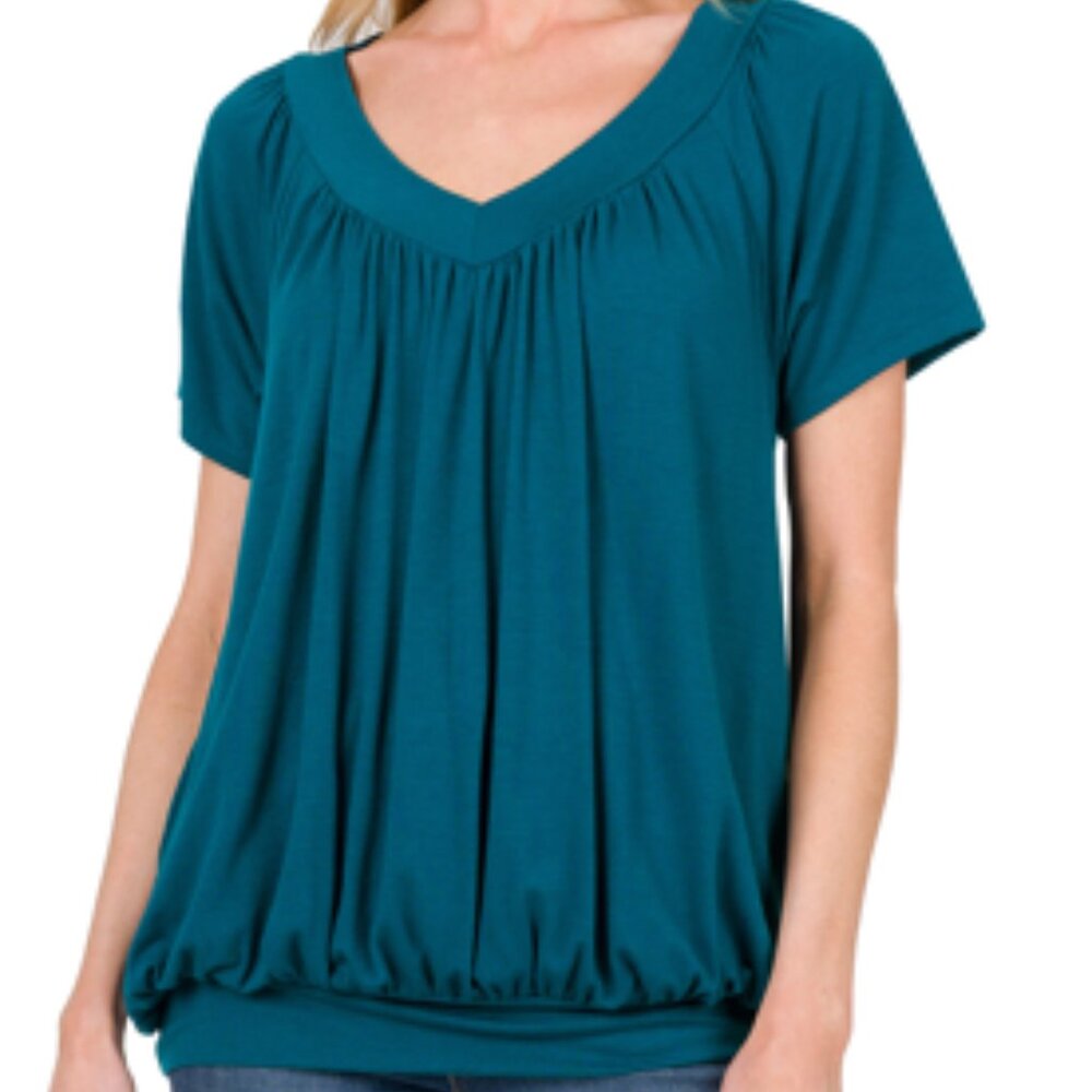 Zenana v-neck short sleeve shirring top *TEAL*